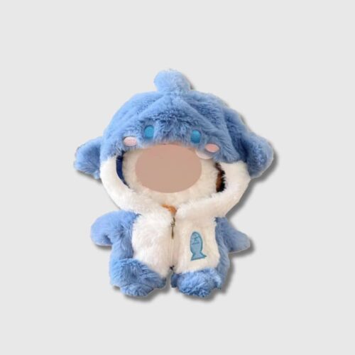 Déguisement Labubu Requin Bleu 17 cm doudoune bleu pour peluche, combinaison fourrure bleu blanc