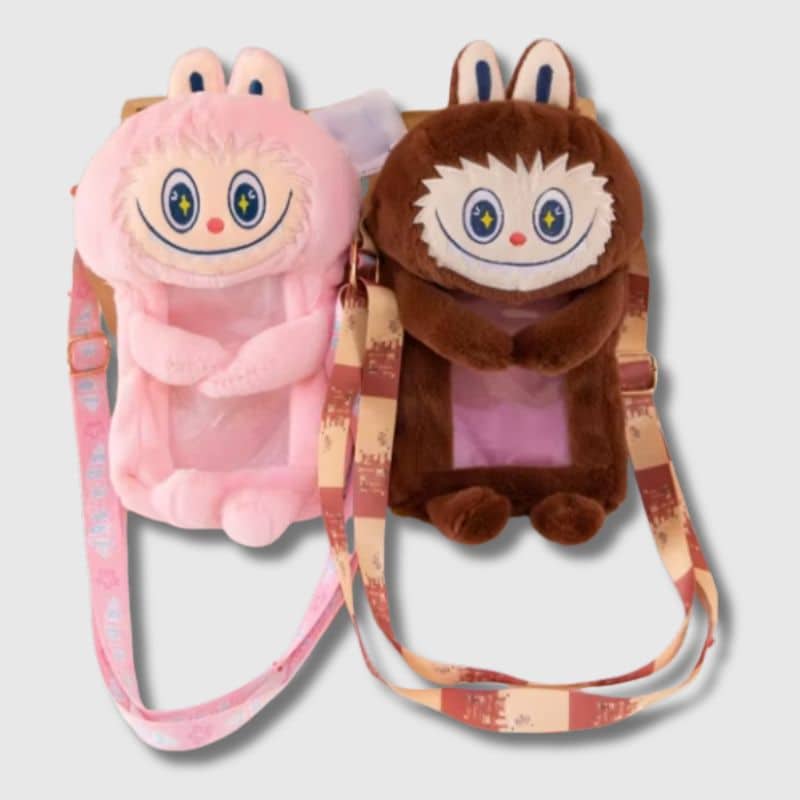 Sac Labubu Bandoulière 23 cm, sac labubu rose et marron avec anse