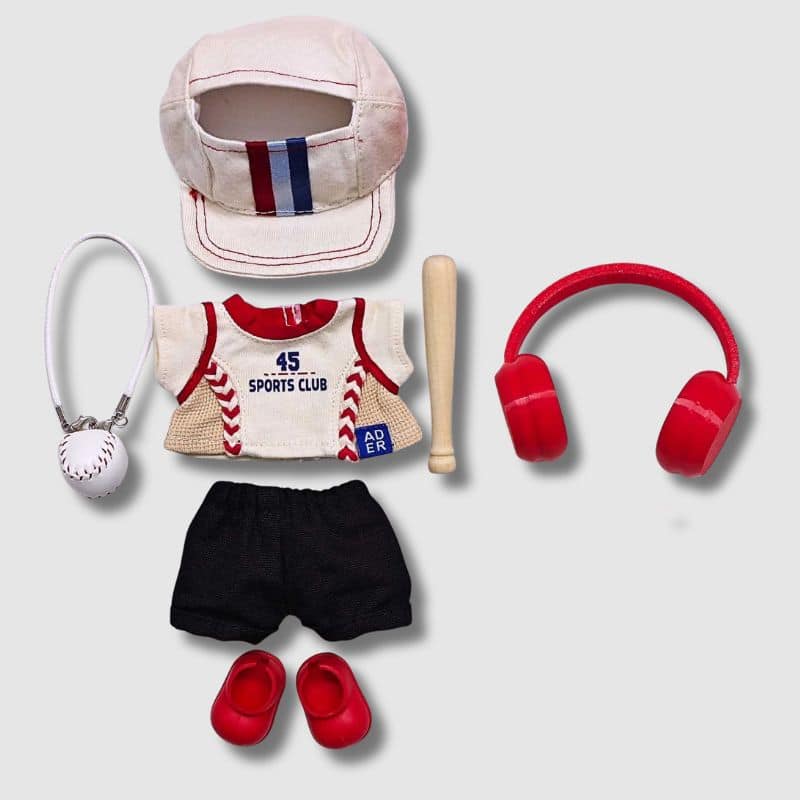 Ensemble Labubu Baseball Avec Accessoires, ensemble de vêtement et accessoire rouge et blanc pour mini peluche