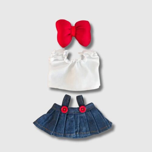 Ensemble Vêtement Labubu Style Décontracté avec Jupe en Jean et Nœud Rouge, Mini Ensemble Stylé pour Labubu