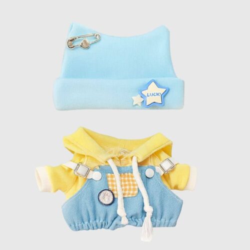Ensemble Bonnet Bleu et Salopette Jaune en Jean pour Labubu , Mini Ensemble Pour Labubu Mignon