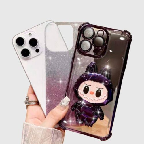 Protection iPhone Labubu avec Plaquage Métallique et Paillettes, Coque Protection Iphone Labubu