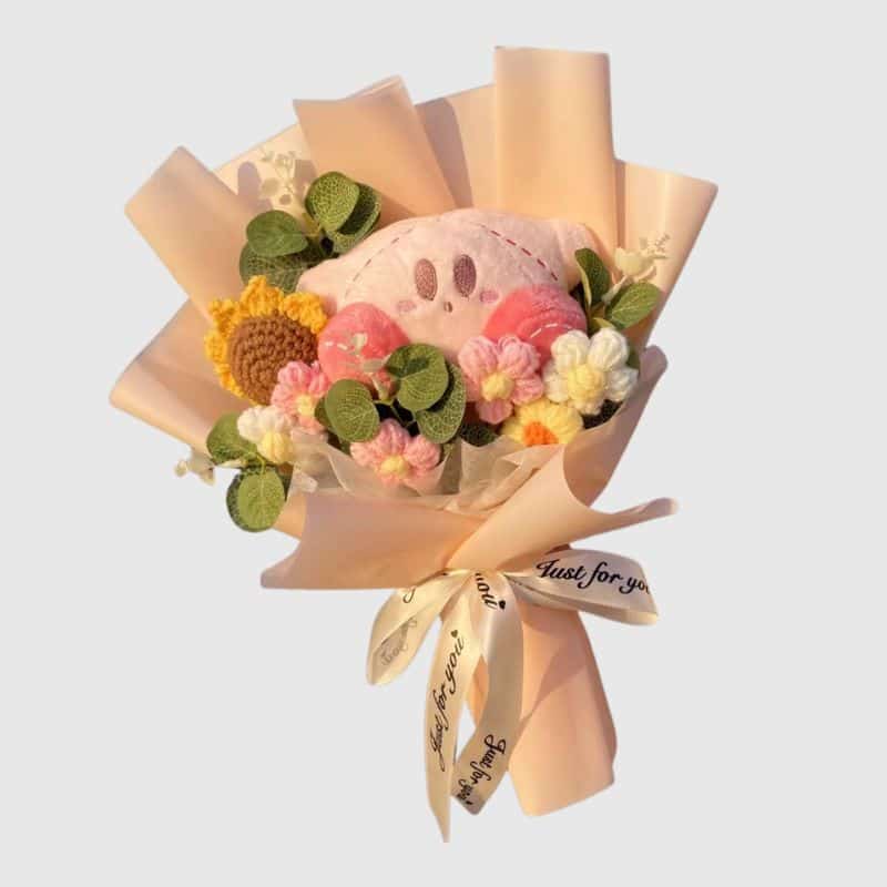 Peluche Kirby en Bouquet Avec Fleurs, peluche Kirby avec fleurs en bouquet