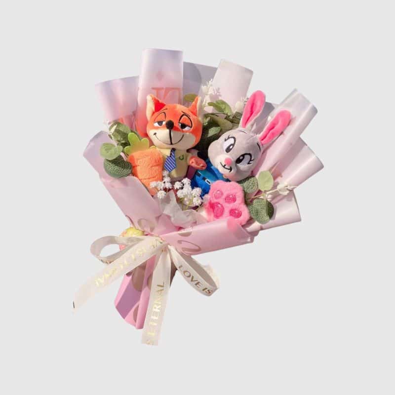 Peluche Saint Valentin Zootopie Nick et Judy en Bouquet, peluche Saint Valentin en bouquet idéale
