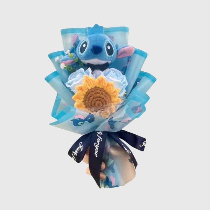 Peluche Stitch En Bouquet Avec Tournesol Et Fleurs Décoratives, peluche Stitch décorative