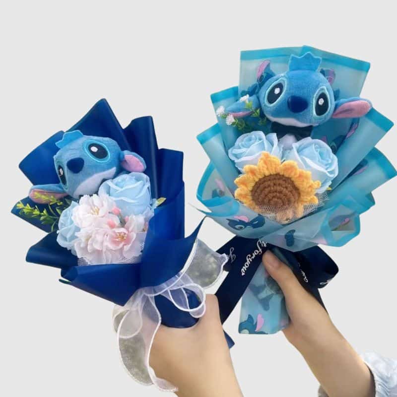 Peluche Stitch en Bouquet Bleu Avec Fleurs 2 pièces, peluche Stitch 2 pièces