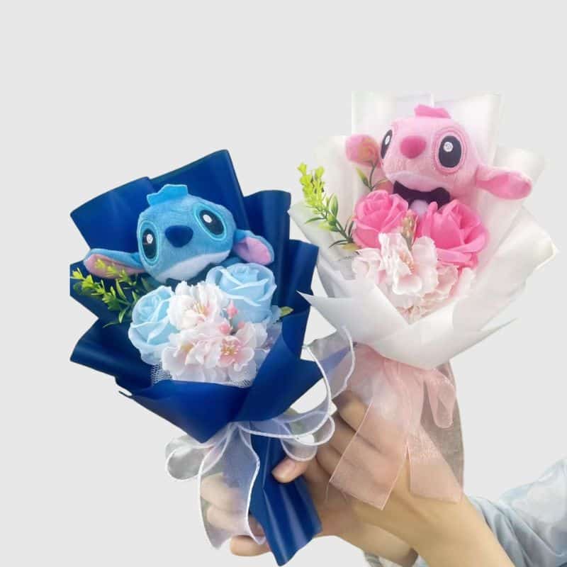 Peluche Stitch et Angel en Bouquet Duo Fleuri , peluche Stitch en bouquet