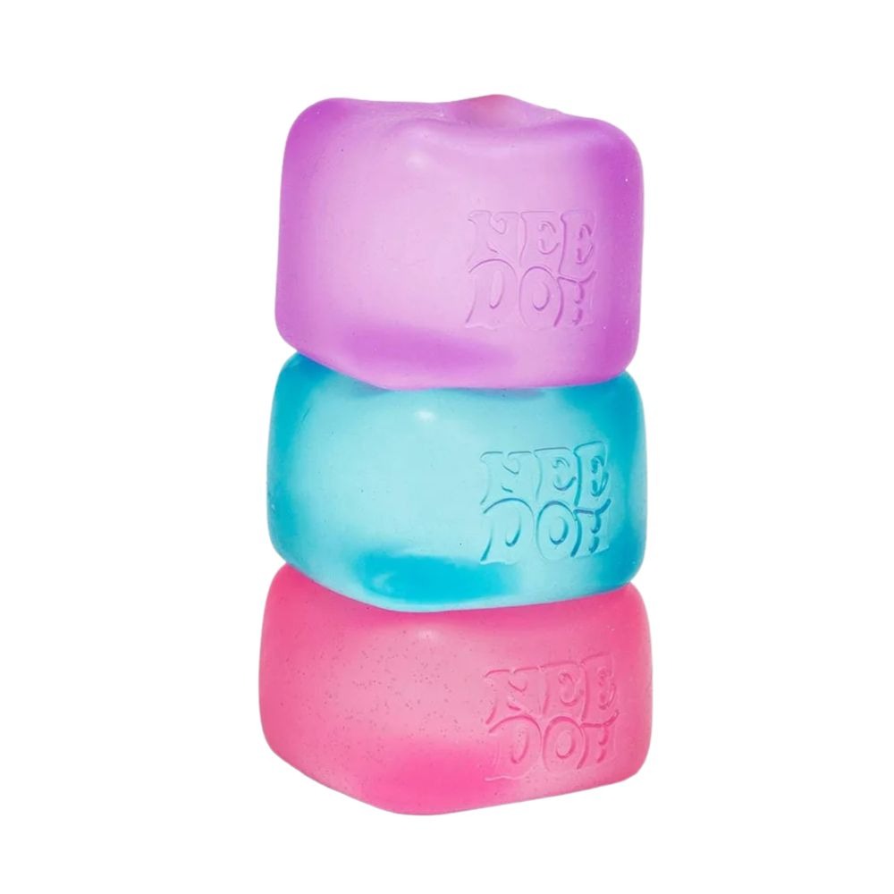 3 squishy needoh carrés en forme de glaçon, rose, bleu et violet
